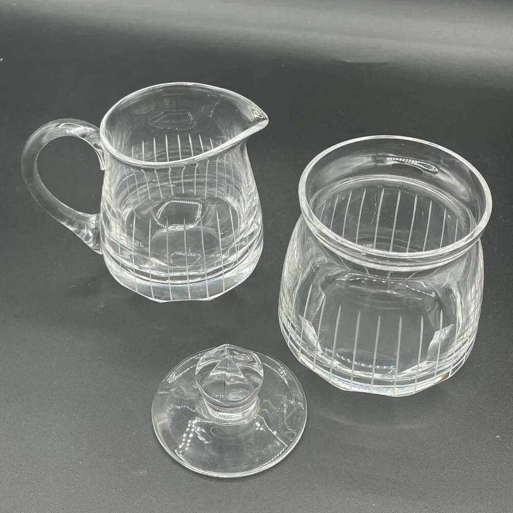 Vintage Crystal Clear Glass Cream and Sugar Faceted Lined Set 3 pc Set